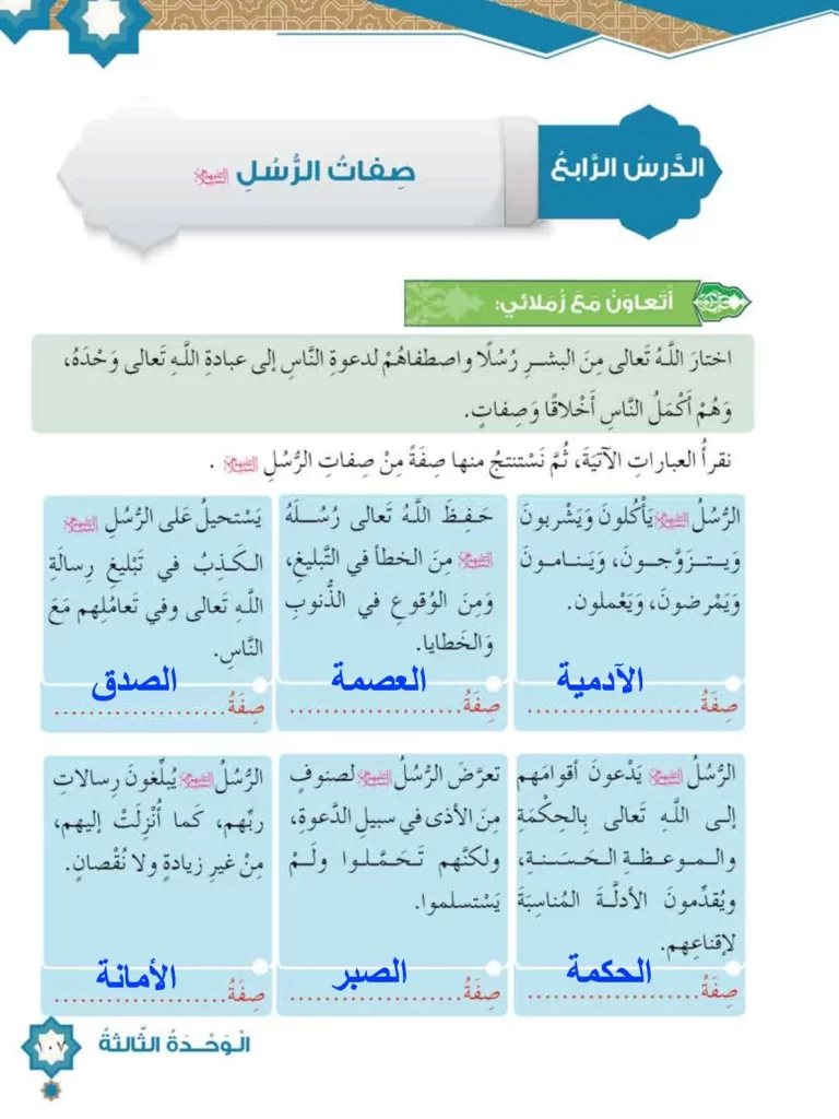 حل-درس-صفات-الرسل-للصف-الخامس